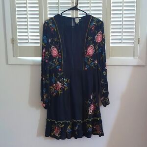 Anthro Embroidered Navy Long Sleeve Dress